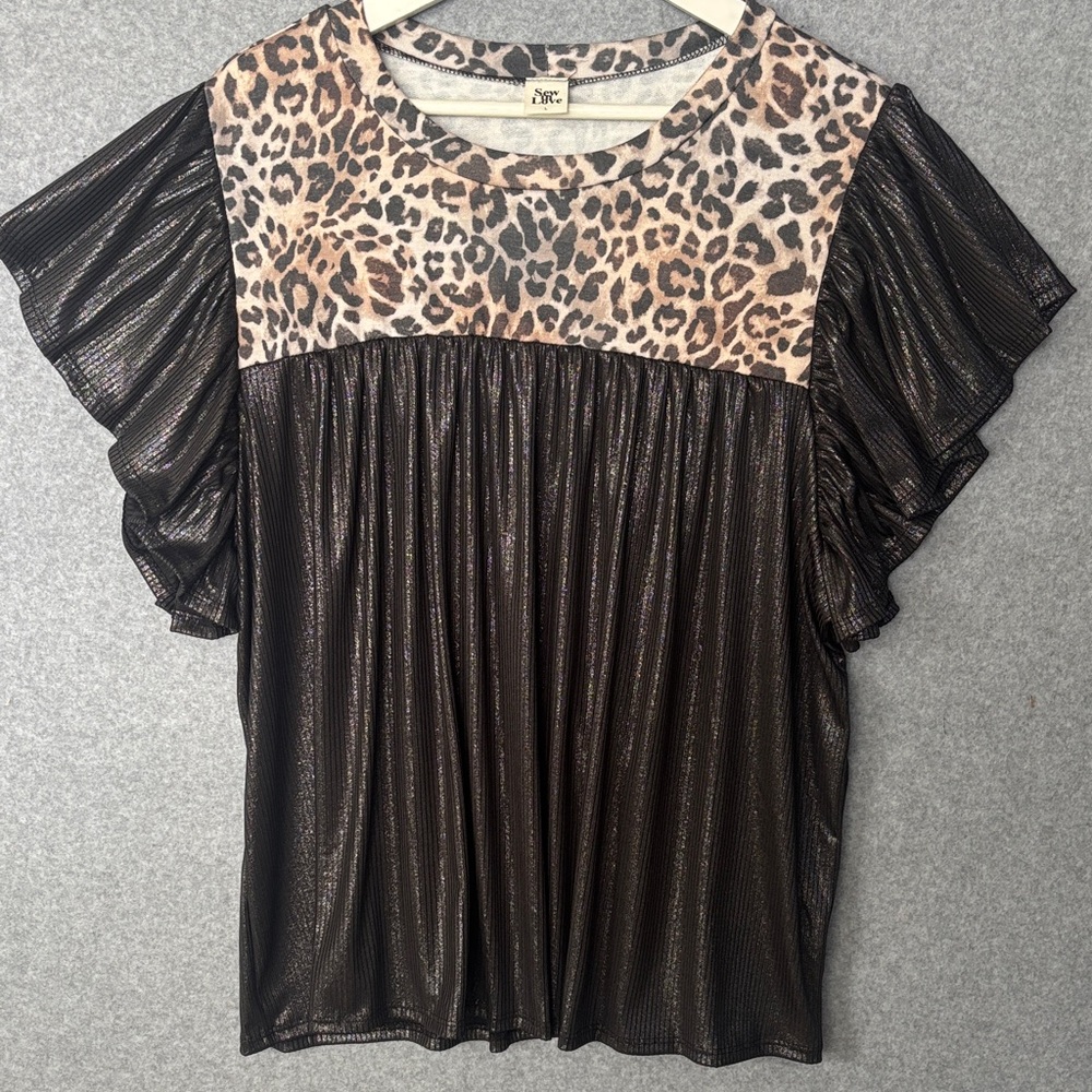 NEW! Two Toned Babydoll Blouse in Black Shimmer Animal Print accents  L Black - Picture 6 of 11